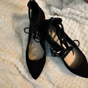 Black suede faux ankle lace flats